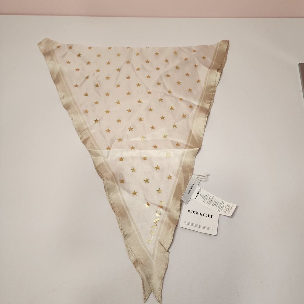 NWT Coach CW761 Star Print Silk Diamond Scarf Chalk Gold